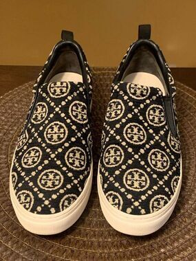 Tory Burch T Monogram Black Chenille Slip-On Sneakers 8M